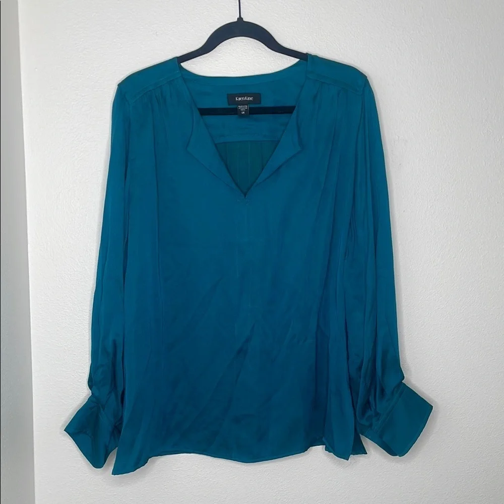 Karen Kane Satin Collared Long Sleeve Blouse - Picture 1 of 11